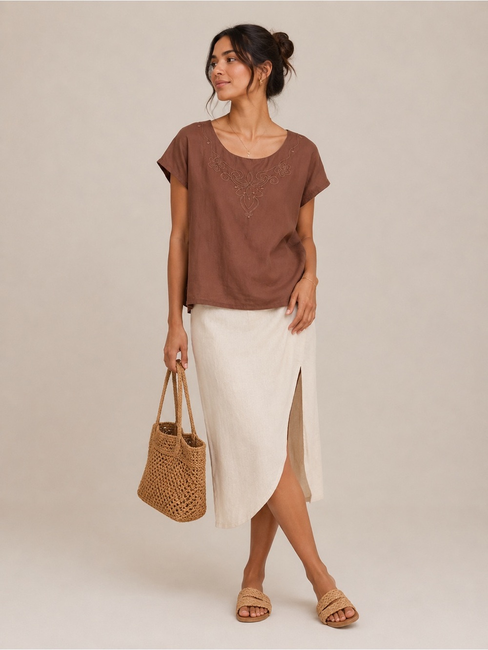 100% silk Women's Embroidered Dress Short-Sleeve Top in cafe